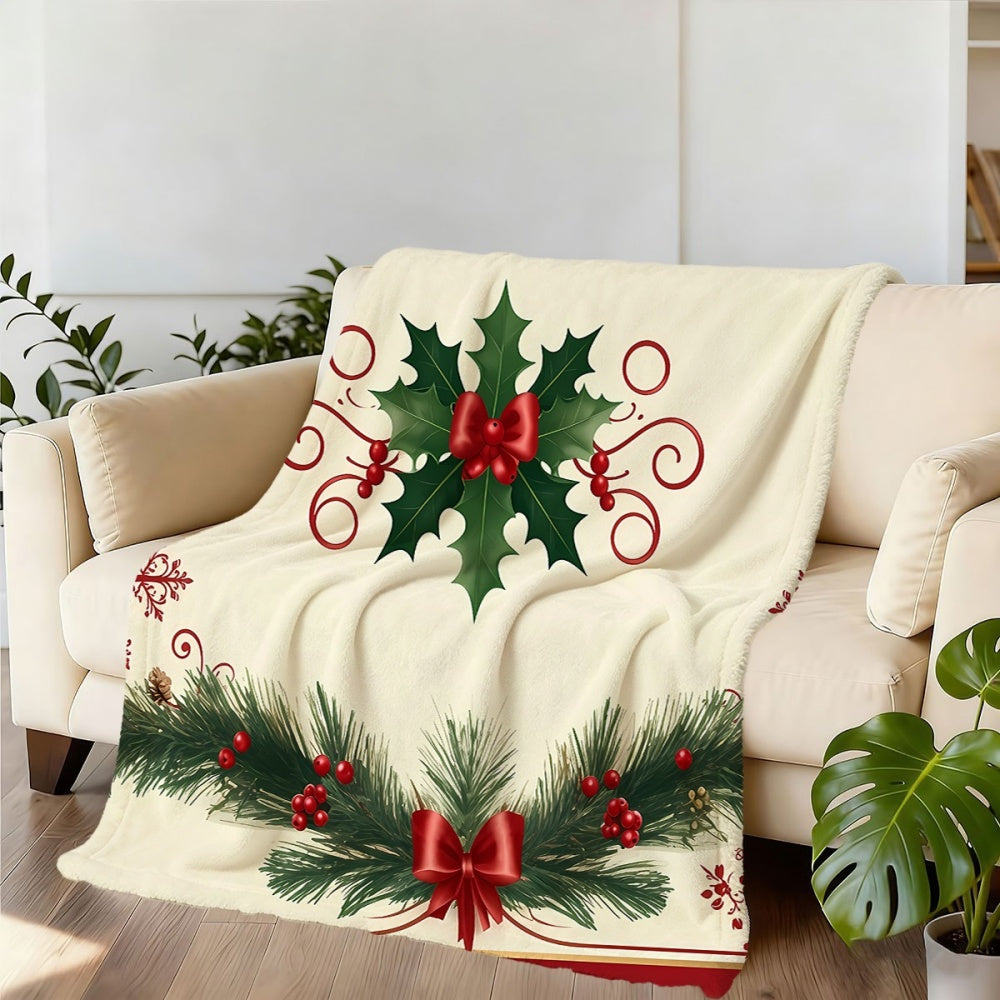 1pc, 1pc Christmas Green Leaves Red Fruits And Pine Branches Ribbon Pattern Flannel Blanket, Soft Comfortable Warm, Beige Base Red Decor Design, Durable Plush, All-Season Sofa Blanket, Warm Cover, Multiple Sizes Available