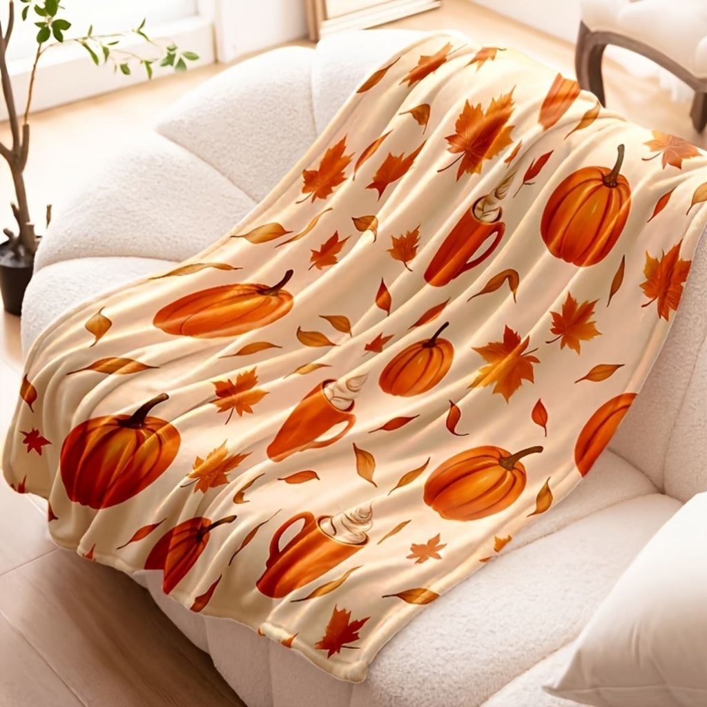 1pc 2D Flat Print Pumpkin and Maple Leaf Pattern Blanket, Soft Flannel Throw, Warm Orange Design, Suitable for All Seasons, Cozy Cover Blanket, Multiple Sizes Available, Suitable for Living Room Sofas, Bedroom, Reading Nooks, Leisure Time