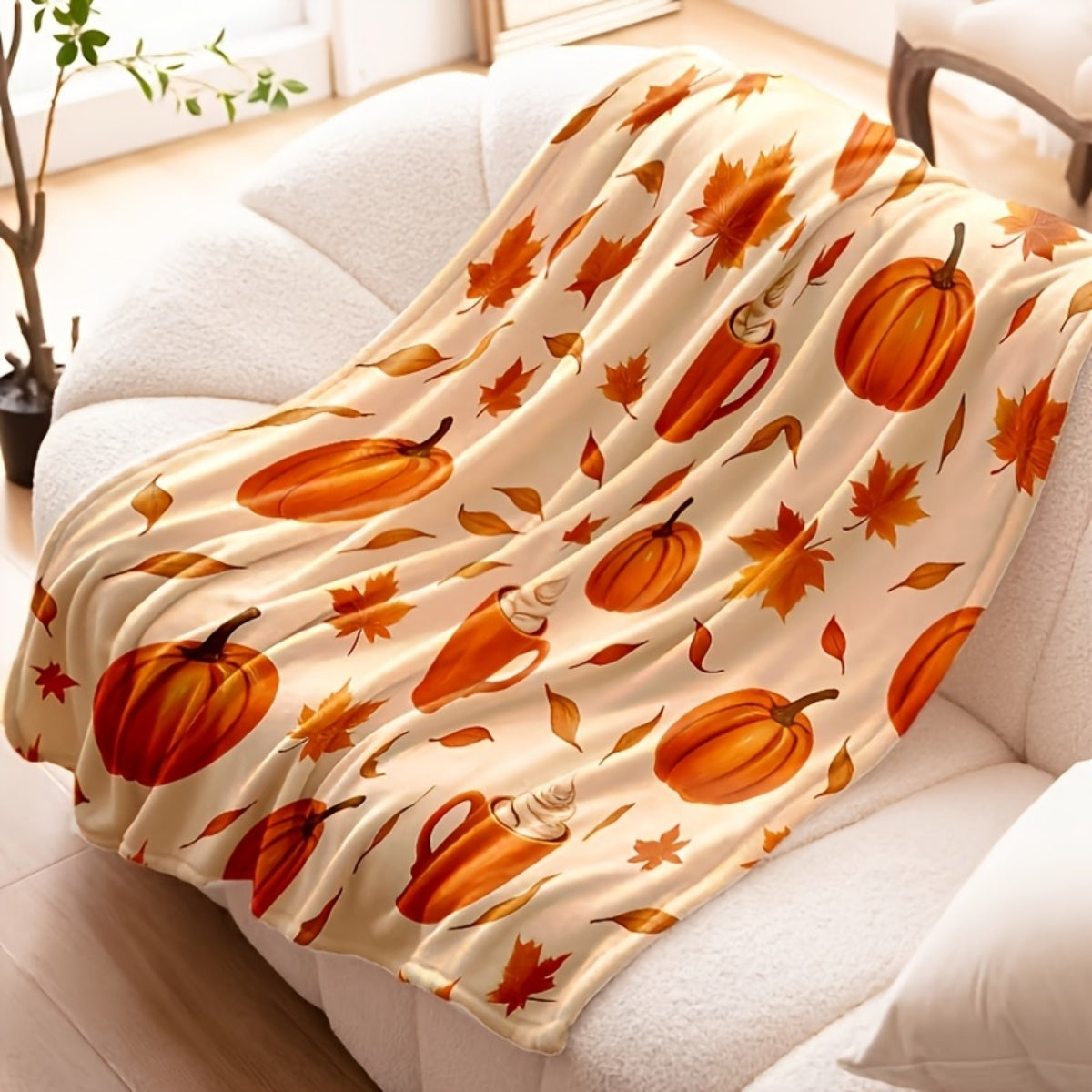 1pc 2D Flat Print Pumpkin and Maple Leaf Pattern Blanket, Soft Flannel Throw, Warm Orange Design, Suitable for All Seasons, Cozy Cover Blanket, Multiple Sizes Available, Suitable for Living Room Sofas, Bedroom, Reading Nooks, Leisure Time
