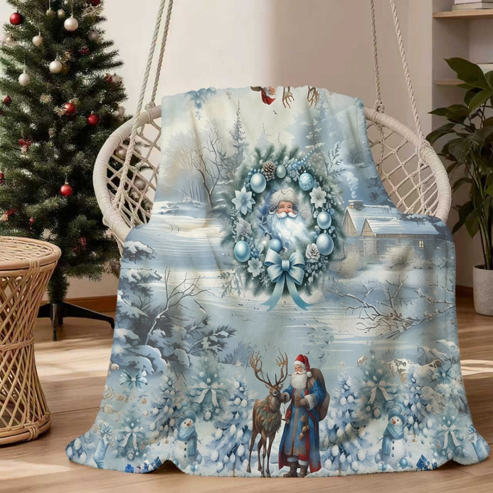 1pc, Santa Claus and Reindeer Wreath Winter Snow Scene Blue Themed Flannel Blanket, Soft, Comfortable, and Warm, with a Primary Blue and White Design, Durable Plush Surface, All-season Universal Sofa Blanket, Warm Throw Blanket, Multiple Sizes