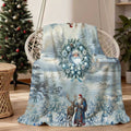 1pc, Santa Claus and Reindeer Wreath Winter Snow Scene Blue Themed Flannel Blanket, Soft, Comfortable, and Warm, with a Primary Blue and White Design, Durable Plush Surface, All-season Universal Sofa Blanket, Warm Throw Blanket, Multiple Sizes