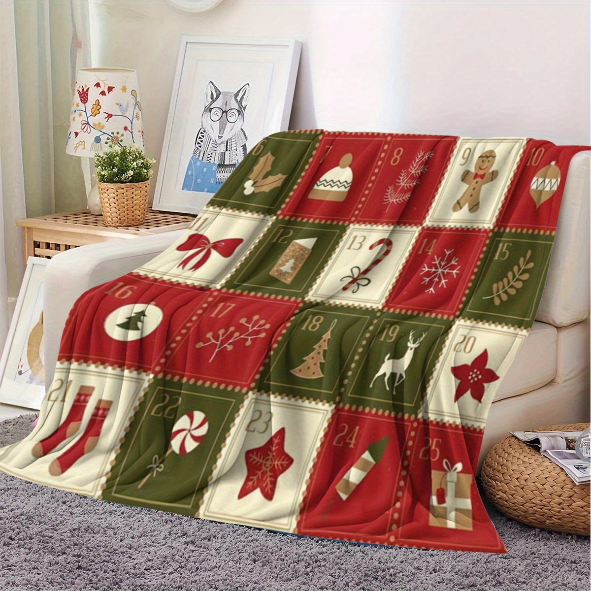 1. Vintage Christmas Pattern Flannel Blanket, Soft And Warm Sofa, Suitable for Travel, Camping, Living Room, Office Chair, All-Season Universal Multifunctional Printed Fleece Blanket