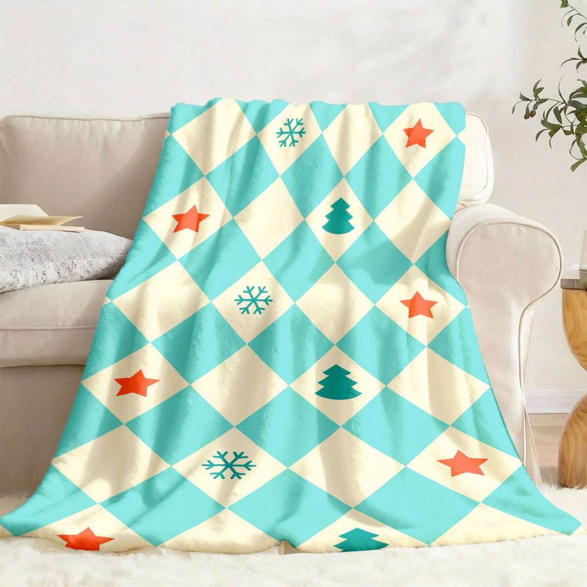 1pc Blue And White Checkered Christmas Pattern Blanket, Red Green Star Snowflake Print Design, Body Cover Blanket, Soft Fleece Plush Surface, Lightweight And Durable, Multiple Sizes Available, Suitable for Holiday Decor, Living Room Leisure