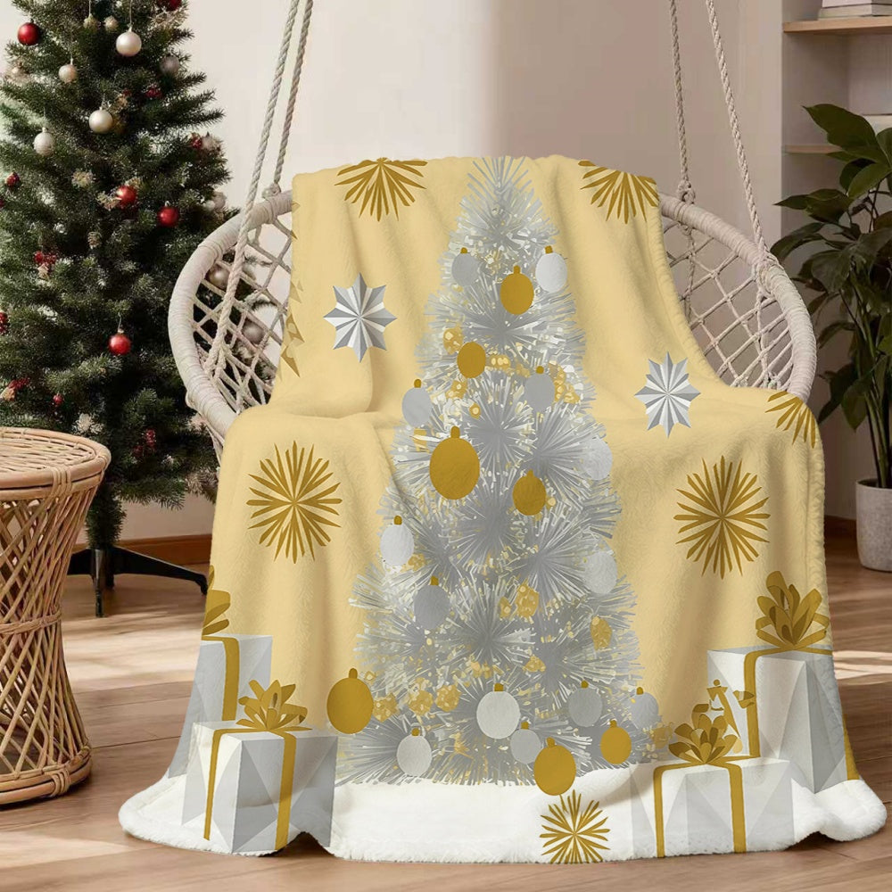 1pc Christmas Tree and Snowflake Pattern Flannel Blanket, Soft, Comfortable, and Warm, Beige with Silvery-Golden Design, All-season Universal Blanket, Warm Throw Blanket, Multiple Sizes Available, Suitable for Living Room Sofas, Bedroom