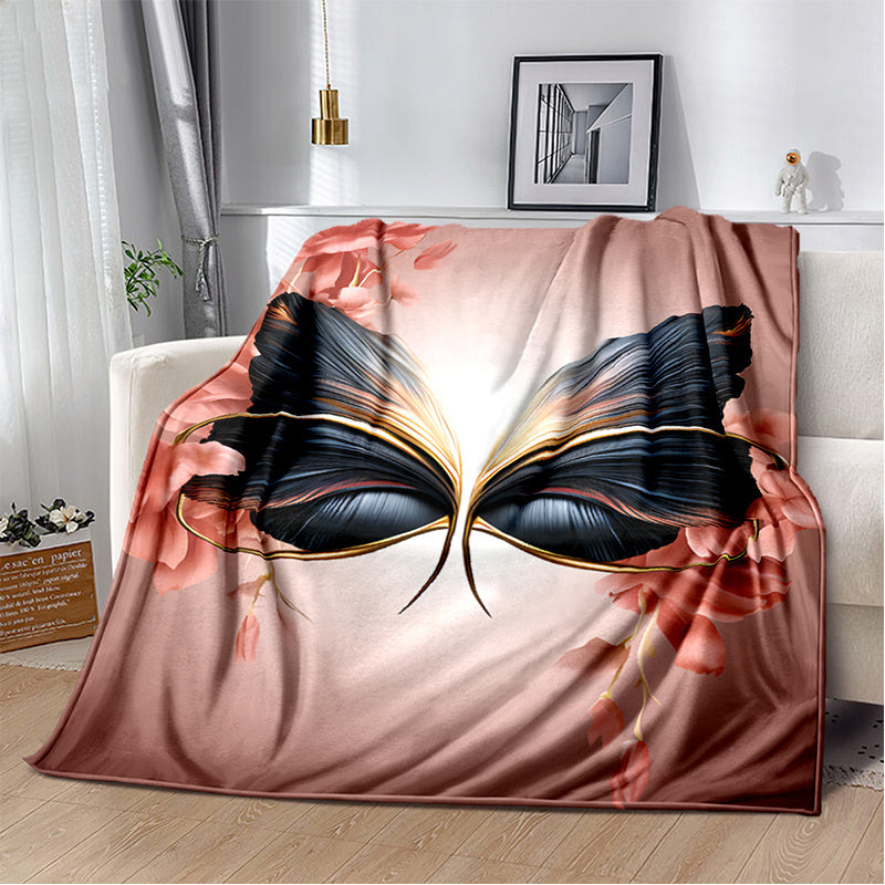 1pc 2D Flat Print Black and Golden Butterfly with Pink Floral Blanket, Soft Flannel Throw—romantic Pink and Golden Design, Multiple Sizes Available, Suitable for Living Room Sofas, Bedroom, Office Naps, Outdoor Picnics, and Reading Time, 2D Flat