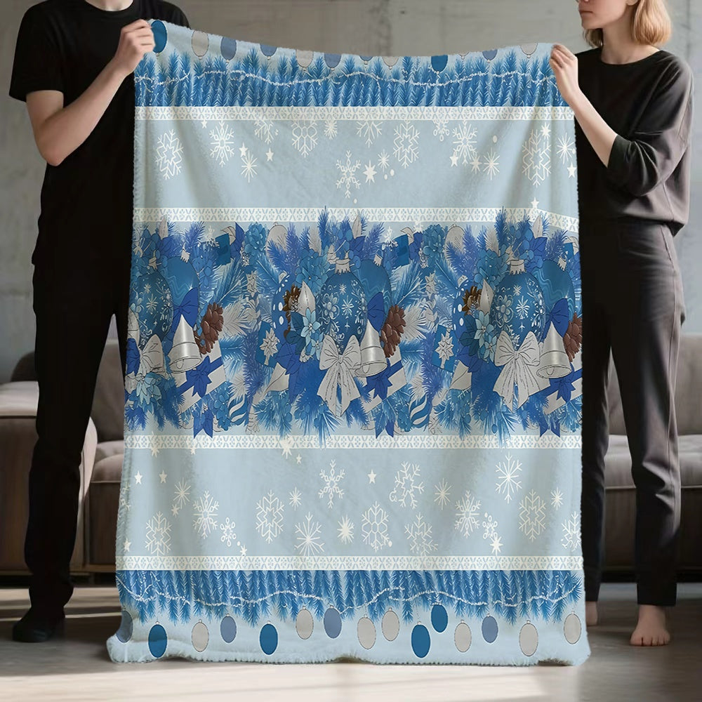 1pc Christmas Blue Festive Pattern Flannel Blanket, Soft Comfortable Warm, Blue White Silvery Design, All-Season Sofa Blanket, Warm Cover, Multiple Sizes Available, Suitable for Living Room Sofa, Bedroom, Reading Corner, Leisure Time
