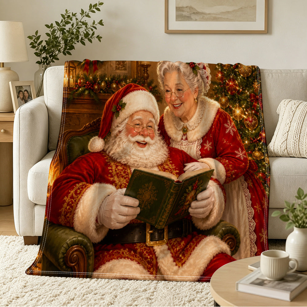 1pc Christmas Fleece Blanket, Comfortable Santa And Mrs. Claus Design, Soft And Cozy Sofa Nap Blanket, Perfect for Home Decor, Camping, Gifts, Pet Blanket 59X78.7 Inches