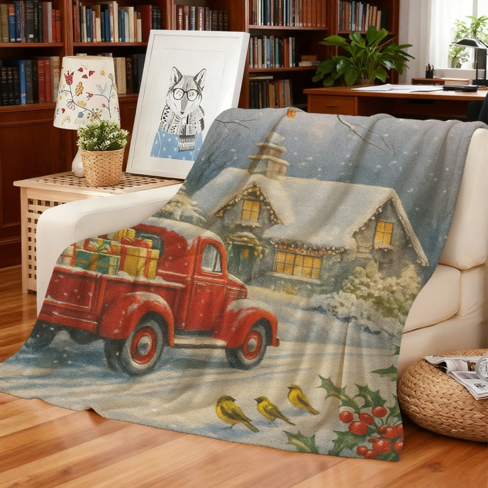 1pc of Christmas Red Truck with Snow Scene Pattern Cream Beige Flannel Blanket, Christmas Winter Body Blanket, Soft Plush for All Seasons, Suitable for Home Naps, Weekend Couch Lounging, and Office Naps