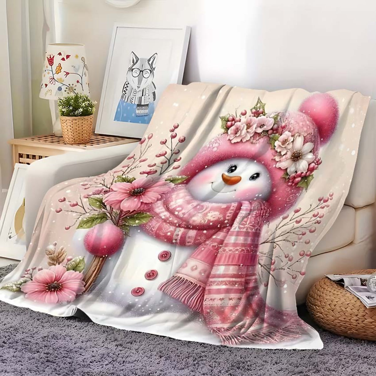 1pc 2D Printed Fleece Snow Blanket, Pink Floral And Snowflake Design - Soft, Warm, And Comfortable, Lightweight And Durable, Multiple Sizes Available, Ideal for Christmas, Living Room Leisure, Bedroom Warmth, Holiday Gift, All-Season Versatile Gift