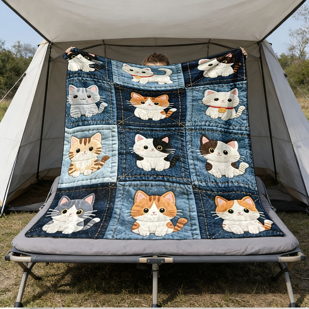 1pc Imitation Denim Patchwork Cute Cat Print, 2D Printed Ultra-Soft Flannel Blanket, Premium Plush Blanket, Lightweight Bed Blanket, Multi-Scene Use, Can Be Used as a Throw Blanket, Air Conditioning Blanket, Shawl Blanket, Travel Blanket, an Ideal