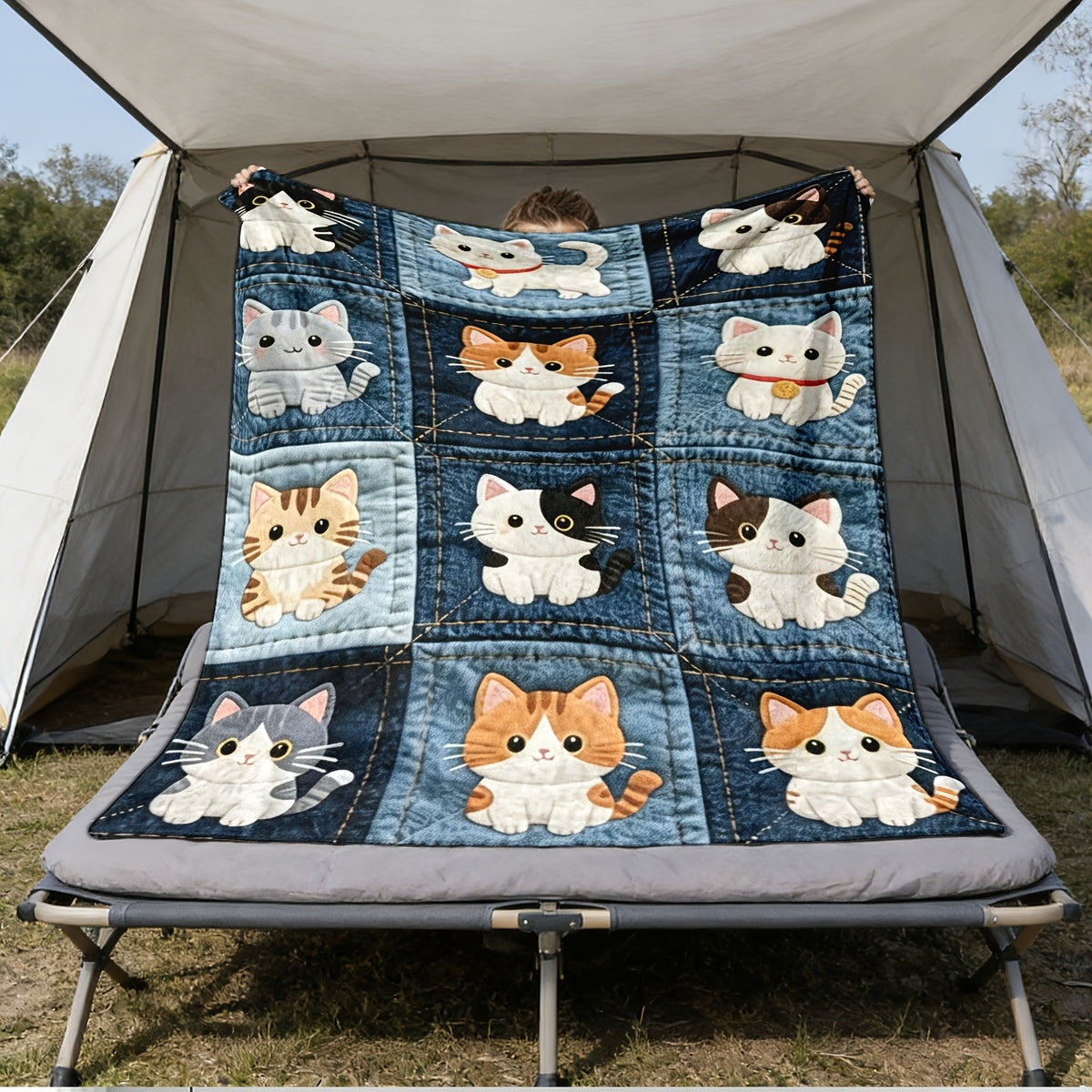 1pc Imitation Denim Patchwork Cute Cat Print, 2D Printed Ultra-Soft Flannel Blanket, Premium Plush Blanket, Lightweight Bed Blanket, Multi-Scene Use, Can Be Used as a Throw Blanket, Air Conditioning Blanket, Shawl Blanket, Travel Blanket, an Ideal