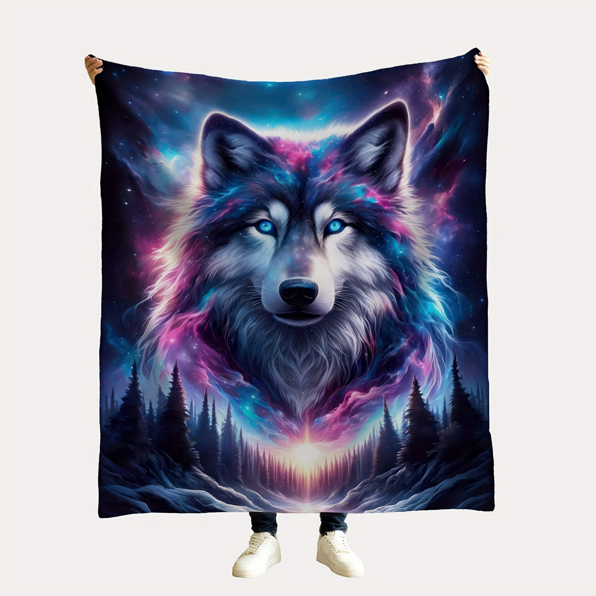 1pc 2D Flat Print Starry Sky Wolf Head Blanket, Soft Flannel Throw—deep Blue-purple Gradient Design, Multiple Sizes Available, Suitable for Living Room Sofas, Bedroom, Outdoor Camping, Reading Time, and Movie-watching Moments, 2D Flat