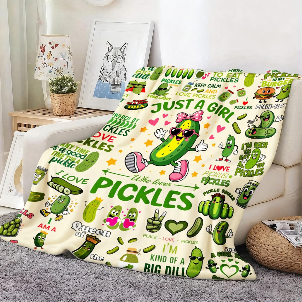 JOOCAR Pickle Theme Plush Blanket - Soft Flannel Comfortable in All Seasons, Cover, Printed with Cute Pickle Pattern, Cucumber and Dill Pattern, Green and White Color Scheme for Room and Travel - Fun Gifts (Pickle Lovers) 1 Birthday Gift