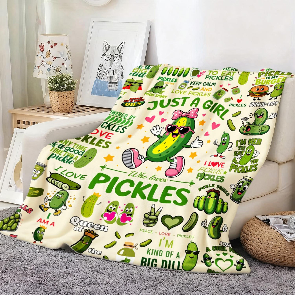 JOOCAR Pickle Theme Plush Blanket - Soft Flannel Comfortable in All Seasons, Cover, Printed with Cute Pickle Pattern, Cucumber and Dill Pattern, Green and White Color Scheme for Room and Travel - Fun Gifts (Pickle Lovers) 1 Birthday Gift