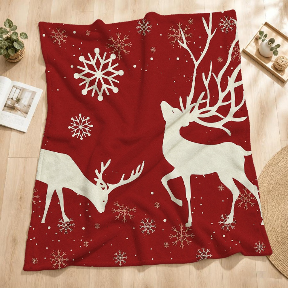 1pc Red Reindeer And Snowflake Pattern Christmas Theme Flannel Blanket, Festive Cozy Design, Soft Plush All-Season Use, Ideal for Weekend Sofa Naps, Home Leisure, And Reading