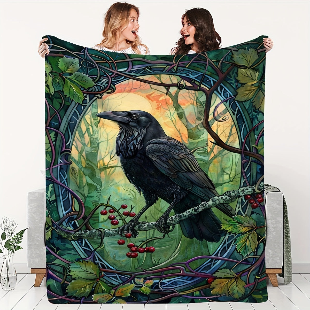 1pc 2D Flat Printing, Crow Perch Forest Pattern Blanket, Soft Fleece Blanket, Deep Green And Orange-Yellow Interwoven Design, All-Season Warm Throw, Multiple Sizes Available, Suitable for Living Room Sofa, Bedroom, Outdoor Courtyard