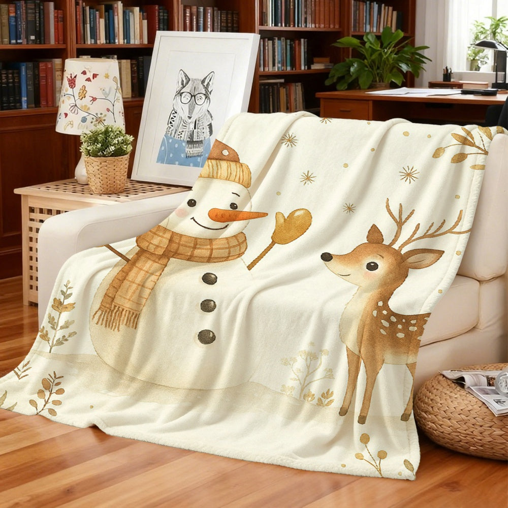 1pc of Snowman and Reindeer Christmas-themed Cream Beige Flannel Blanket, Featuring a Cozy Holiday Design, Soft Plush Surface for All Seasons. Suitable for Reading Time, Weekend Sofa Naps, and Festive Home Decor