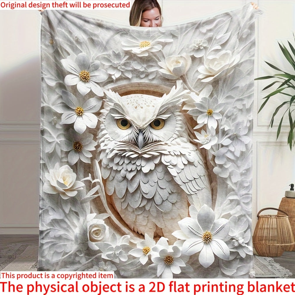 1pc White Owl Floral Print Blanket, Elegant Retro Throw, Ultra-Warm Soft Comfortable Fleece Blanket, Multi-Size Available, Suitable for Living Room, Bedroom, Study, Balcony