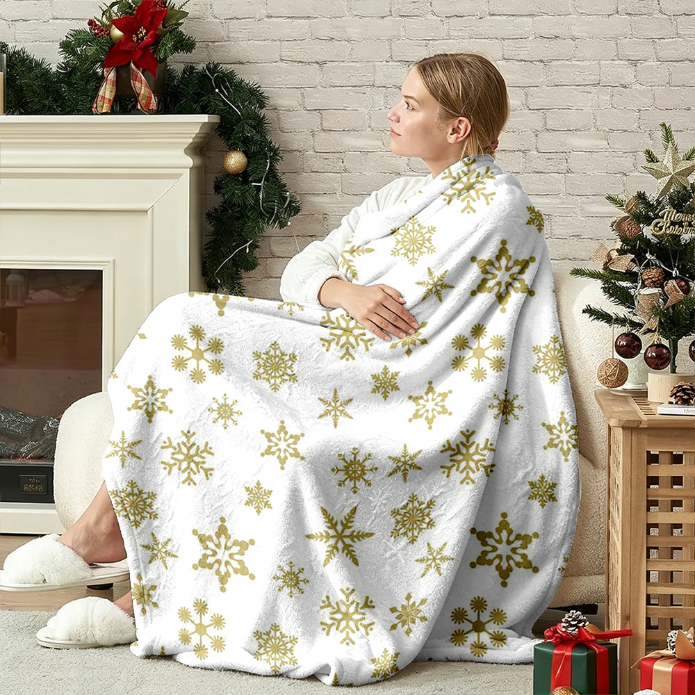 Thick Warm Christmas Blanket with Golden Snowflake Print, Perfect Christmas Gift Blanket, Festive Christmas Decorative Blanket - Soft Comfortable Flannel Blanket with Contemporary Print, Bed And Sofa Home Decor