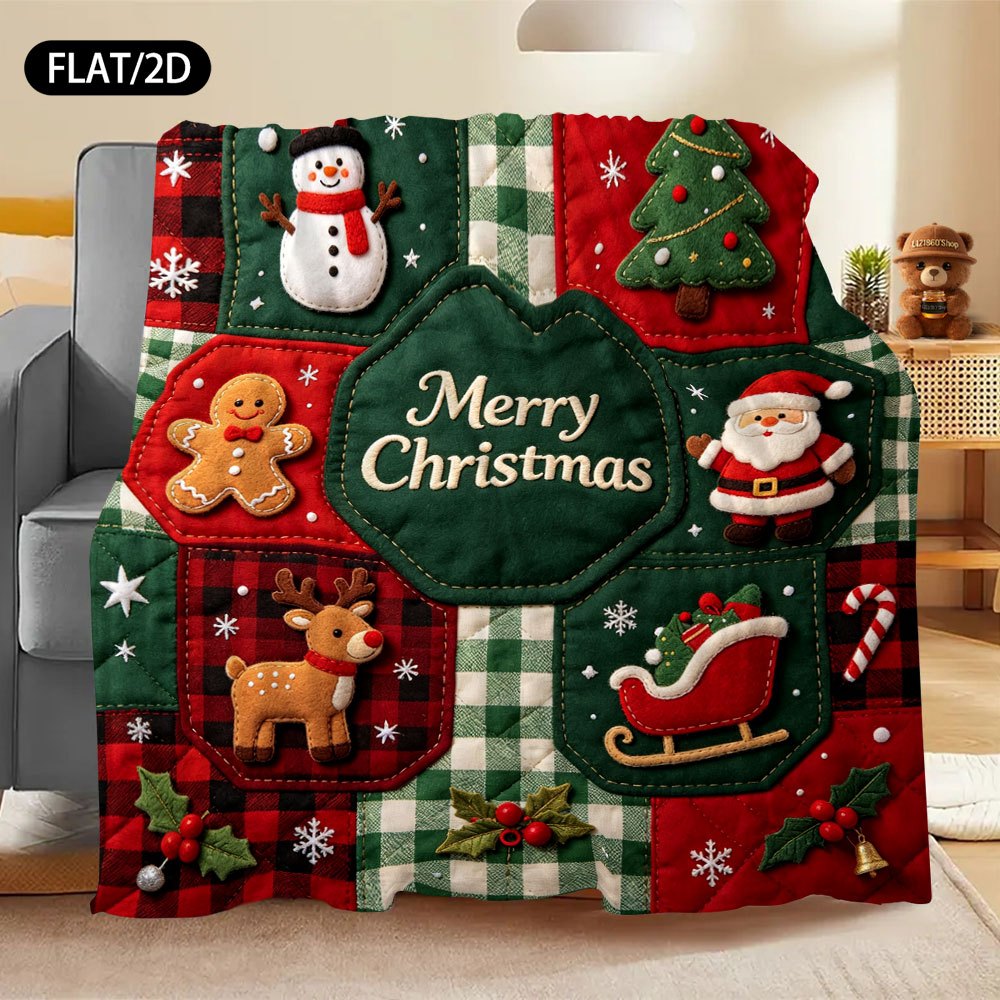 Flat/2D Digital Printing Flannel Blanket Blanket, American Country Style Octagonal Plaid Christmas Snowman Gingerbread for Man Santa Claus Elk Christmas Tree Bell Sleigh Pattern, Soft, Comfortable and Warm Skin-friendly