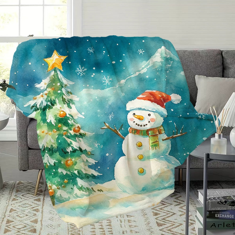1pc Christmas Snowman And Christmas Tree Blue-Green Tone Flannel Blanket, Winter Holiday Decor Design, Durable Plush Warm Blanket, Suitable for Weekend Sofa Naps, Home Afternoon Rest, Reading Time