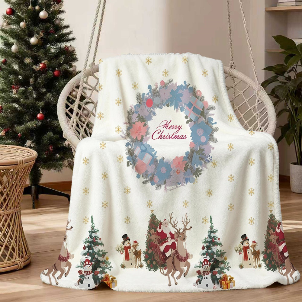 1pc Christmas Wreath And Snowman Reindeer Pattern Flannel Blanket, Soft Comfortable Warm, White Festive Design, All-Season Sofa Blanket, Warm Cover, Multiple Sizes Available, Suitable for Living Room Sofa, Bedroom, Reading Area, Rest Area