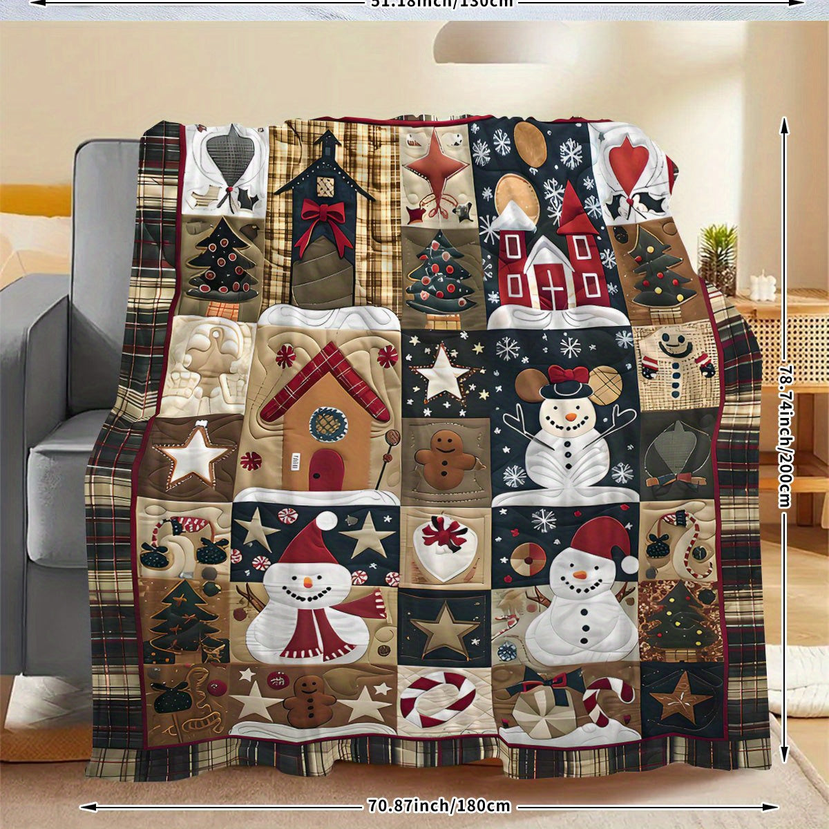 1pc Comfortable Patchwork Snowman Print Blanket, Suitable for Bedroom, Office, Living Room, Camping, Multi-functional Use