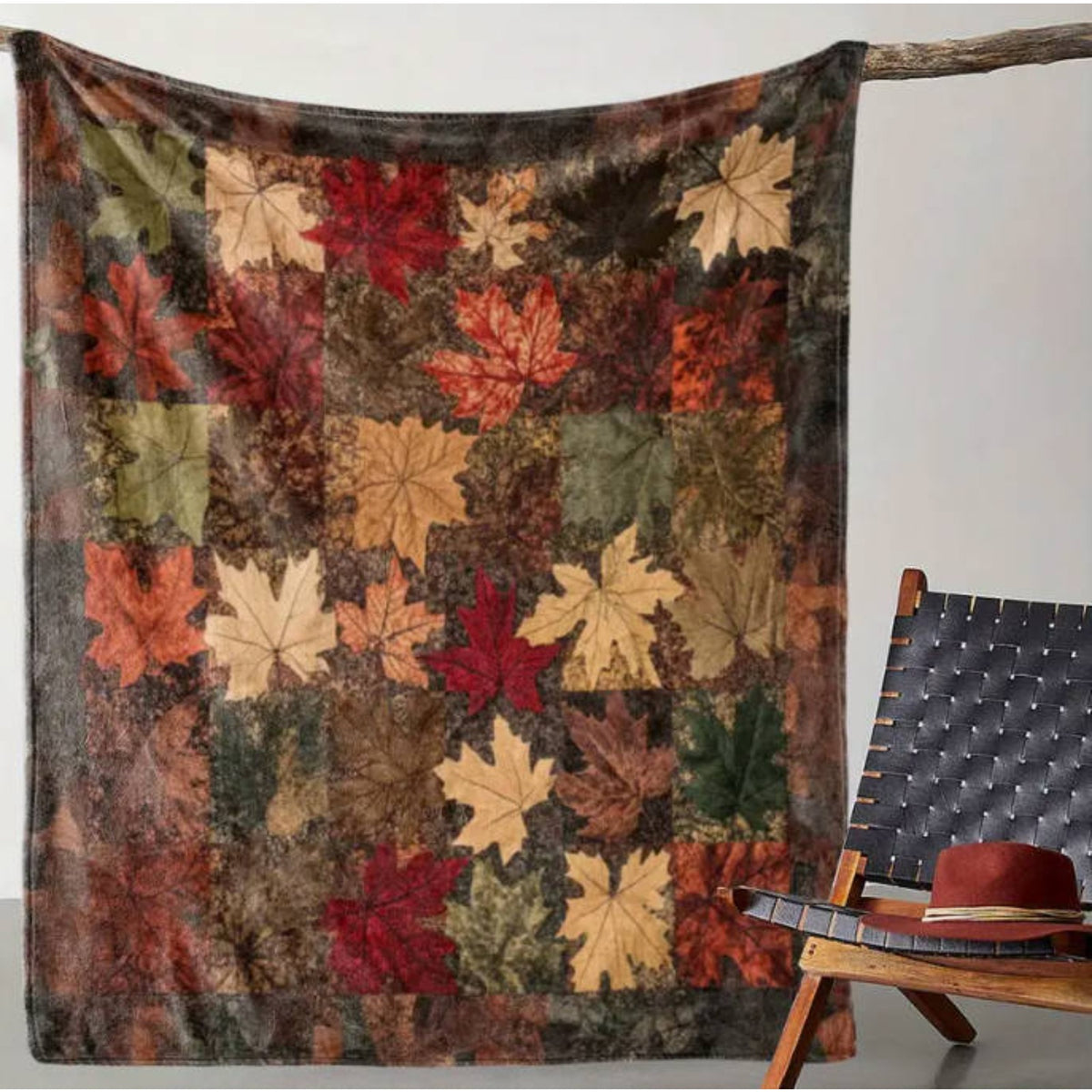 1pc Flannel Blanket, Patchwork Maple Leaf Print Blanket, Warm And Comfortable Soft Blanket, Suitable for Sofa, Office, Camping, Travel, All-Season Gift Blanket, Suitable for Halloween, Christmas, Room Decoration, Home Autumn Decoration