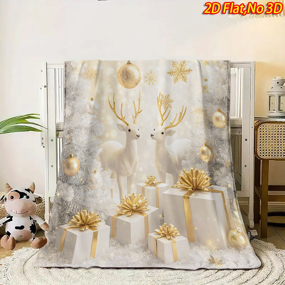 2D Flat Printing, 1pc Flannel Christmas Reindeer Print Blanket with Golden Gift Box and Snowflake Design—Soft, Warm, and Cozy, Lightweight and Durable, Multiple Sizes Available, Perfect for Christmas, Living Room Decor, Bedroom Warmth