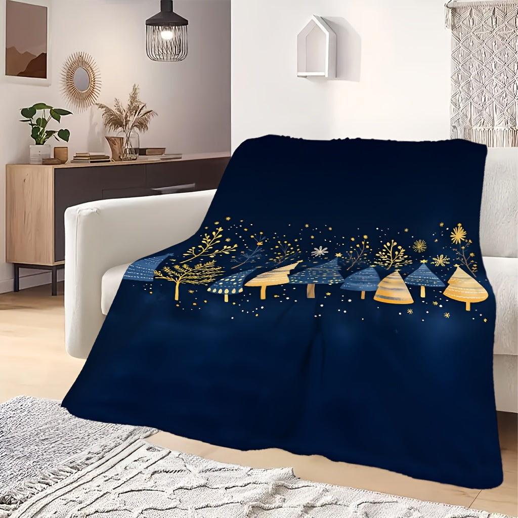 1pc Christmas Tree And Snowflake Pattern Deep Blue Design Flannel Oversized Blanket, Multi-Size Full-Body Blanket, Christmas Winter Decor, Durable Plush, All-Season Use, Suitable for Dorm Life, Weekend Sofa Naps, Bedside Decor