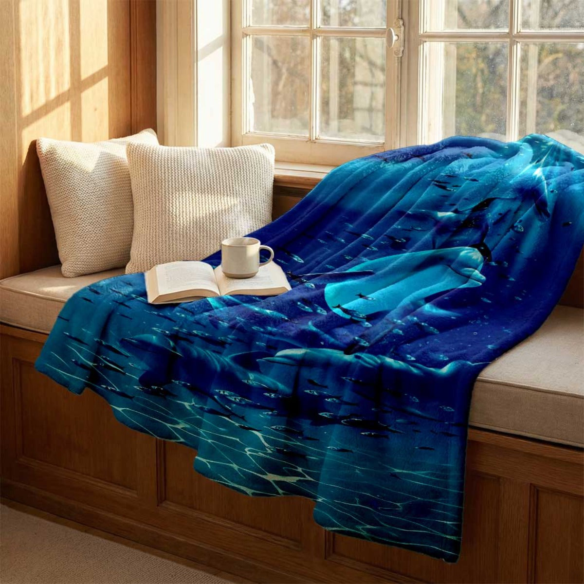 1pc 2D Flat Print Ocean Whale and Fish School Blanket, Soft Flannel Throw—dark Blue and Cyan Design, Multiple Sizes Available, Suitable for Living Room Sofas, Bedroom Bedsides, Reading Nooks, Windowsill Lounging, and Leisure Time, 2D Flat