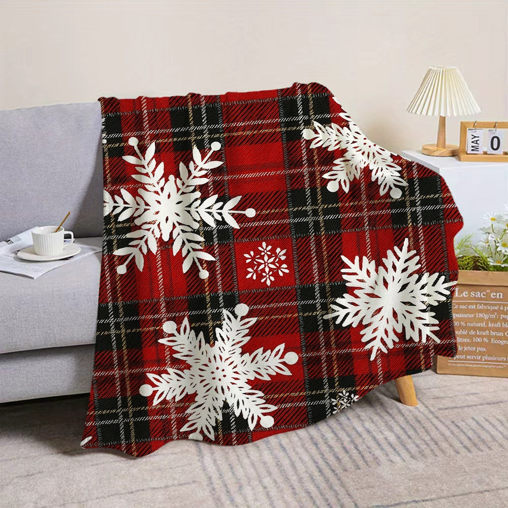 1pc, 2D Flat Red Plaid And White Snowflake Theme Flannel Blanket, Soft Comfortable Warm, Red Black Holiday Design, Durable Plush Surface, All Seasons, Warm Cover, Suitable for Living Room Sofa Cover, Reading Time, Weekend Sofa Nap