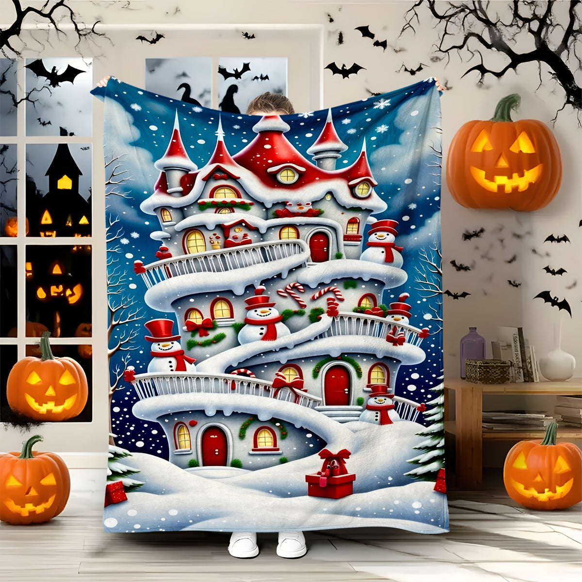 1pc Snowman And Christmas House Pattern Blue Design Flannel Oversized Blanket, Christmas Winter Decor, Suitable for Weekend Sofa Naps, Home Afternoon Rest, Camping Leisure