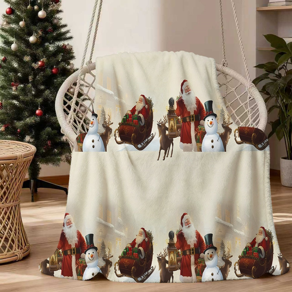 1pc Santa Claus And Snowman Pattern Winter Theme Flannel Blanket, Soft Comfortable Warm, Beige White Design, All-Season Blanket, Warm Cover, Multiple Sizes Available, Suitable for Living Room Sofa, Bedroom, Reading Corner, Holiday Decor