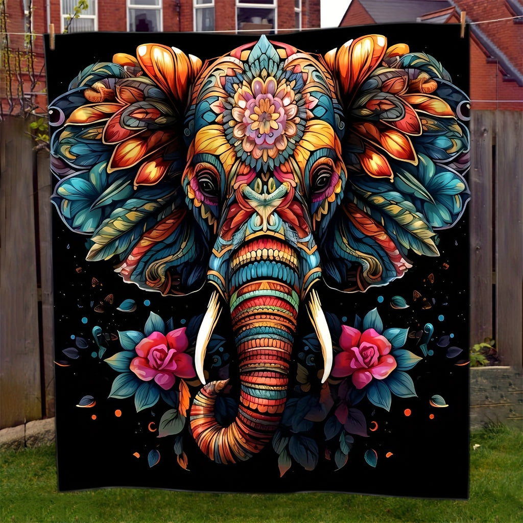 1pc 2D Flat Print, Colorful Elephant and Floral Themed Blanket, Soft Flannel Throw—black Base with Golden and Blue Design, Multiple Sizes Available, Suitable for Living Room, Bedroom, Sofa,, and Outdoor Use, 2D Flat