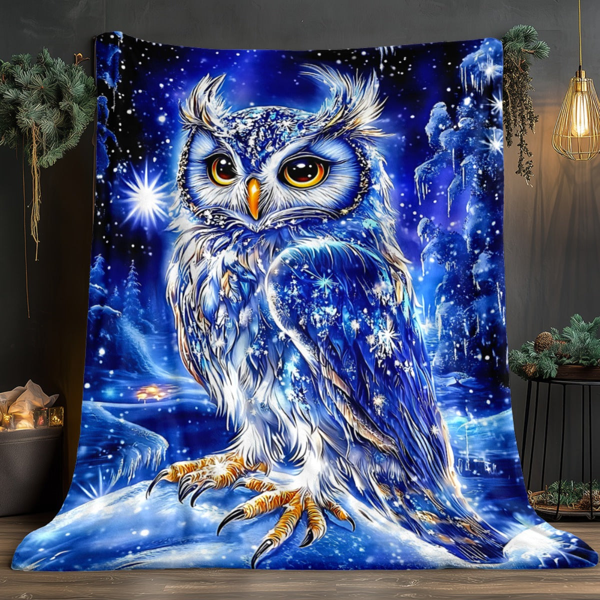 1pc 2D Flat-printed Blue Starry Night Snowy Owl Blanket, Soft Flannel Throw—dark Blue and White Design, Multiple Sizes Available. Suitable for Living Room Sofas, Bedroom, Reading Nooks, Leisure Time, and Holiday Decoration, 2D Flat