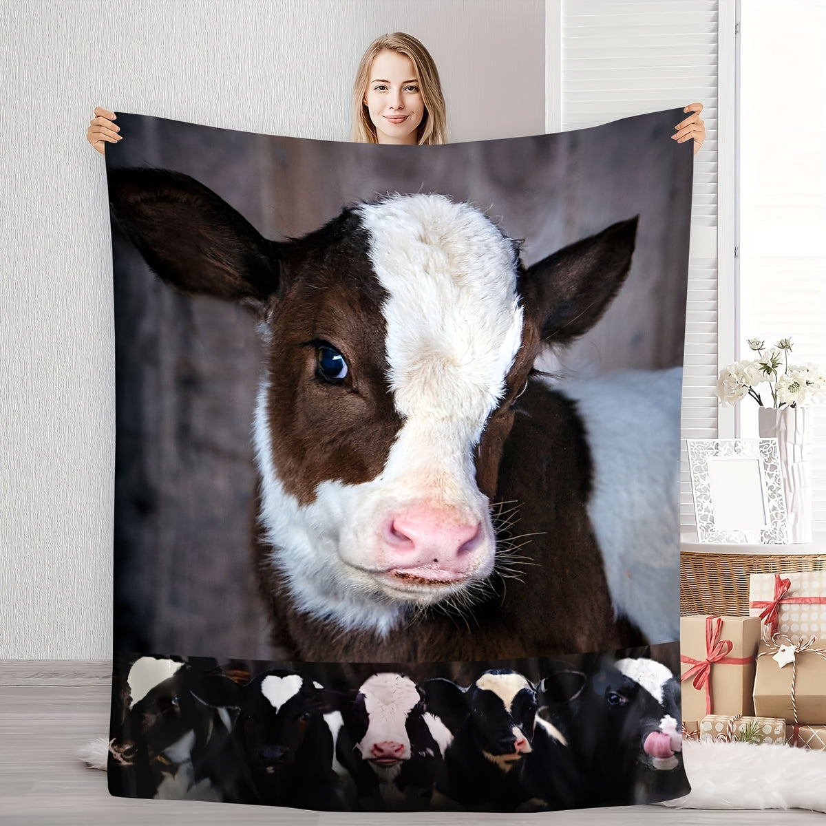 1pc 2D Printed Flannel Cow-Themed Blanket, Featuring an Adorable Cow Print Design—soft, Warm, and Cozy, Lightweight and Durable, Available in Multiple Sizes. Perfect for Holiday Gifts, Living Room Relaxation, Bedroom Warmth, Office Naps