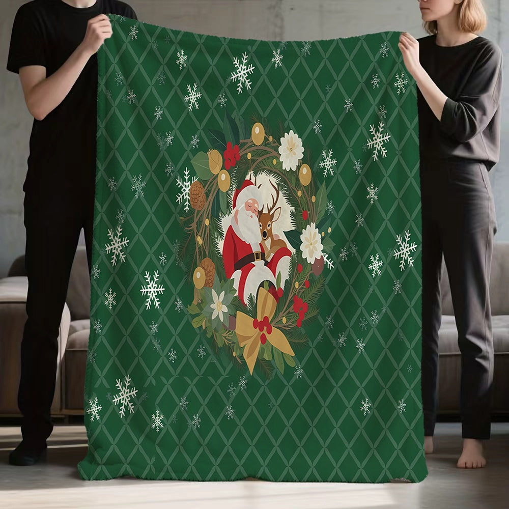 Santa Claus and Reindeer Wreath Pattern, Green Plaid Design Flannel Blanket, Soft, Comfortable, and Warm, All-season Sofa Throw, Warm Cover Blanket, Suitable for Living Room Sofas, Bedroom, Leisure Reading, Holiday Decoration, and Winter Warmth