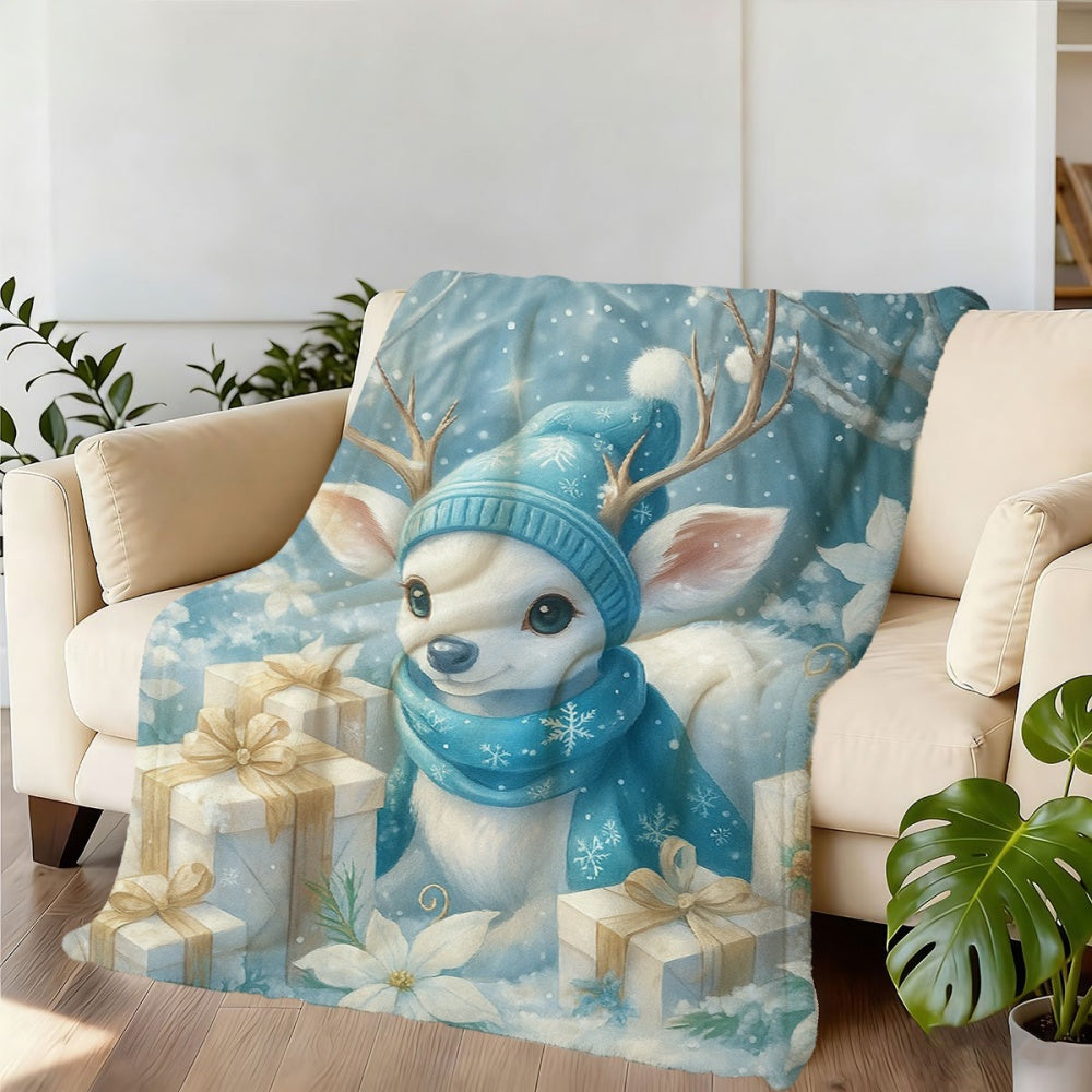 1pc Blue Reindeer Hat Scarf And Christmas Floral Flannel Blanket, Festive Winter Decor Design, Durable Plush Warm Throw Blanket, Suitable for Living Room Sofa Cover, Weekend Reading Time, Dormitory Life