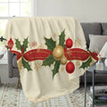 1pc Christmas Holiday Red Green Golden Ball And Holly Leaf Pattern Flannel Blanket, Soft Comfortable Warm, Cream White Background with Red And Golden Decorative Design, All-Season Sofa Blanket, Warm Cover, Multiple Sizes Available