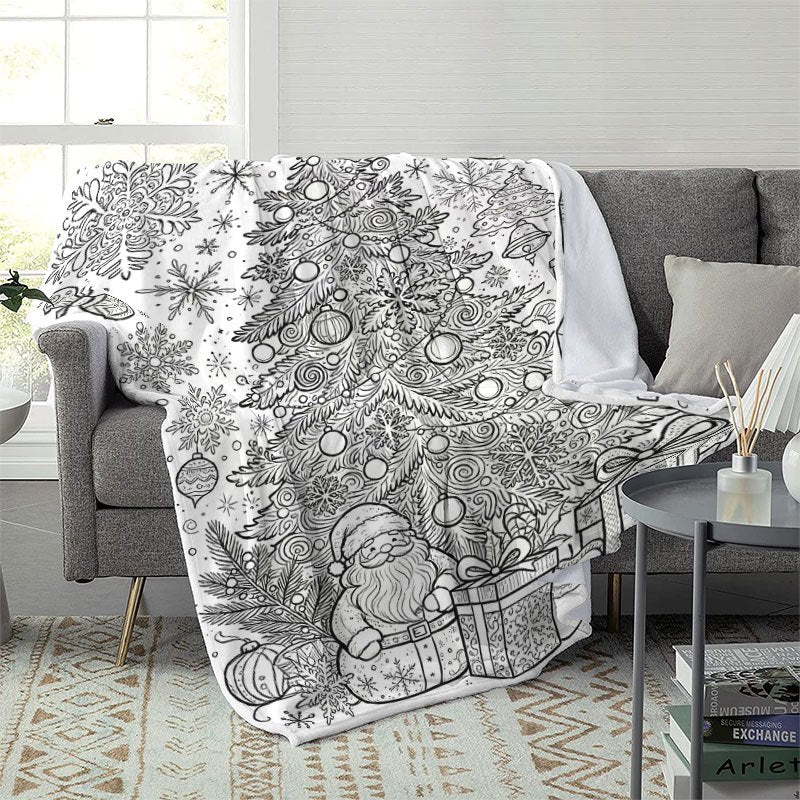 1pc of Large Flannel Blanket with a Black and White Line Art Pattern of Santa Claus and a Christmas Tree, Featuring a Simple Design. Suitable for Use as a Sofa Throw in the Living Room, for Naps at Home, or in Dorm Life