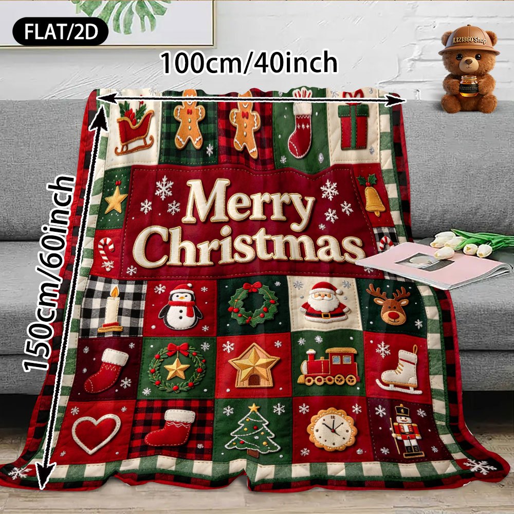Vintage Country Patchwork Christmas-themed Flannel Blanket, Christmas Tree Snowman Gingerbread for Man Reindeer Gift Pattern, Printed with the Words Merry Christmas, Warm, Soft and Comfortable, Suitable for Bedroom, Living Room