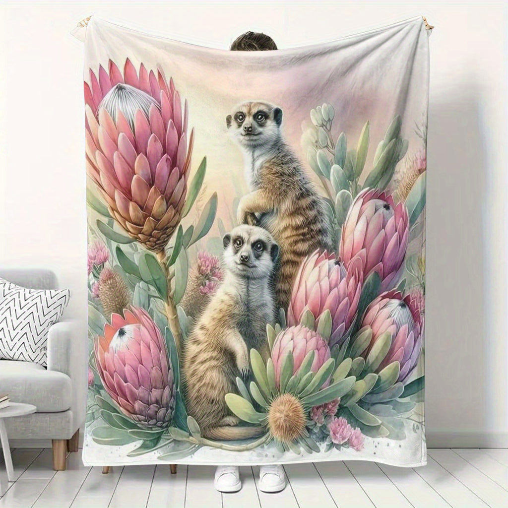 1pc 2D Flat Print Meerkat and King Protea Themed Blanket, Soft Flannel Throw—pink Floral Design, Multiple Sizes Available, Suitable for Living Room, Bedroom, Sofa, and Casual Reading, 2D Flat