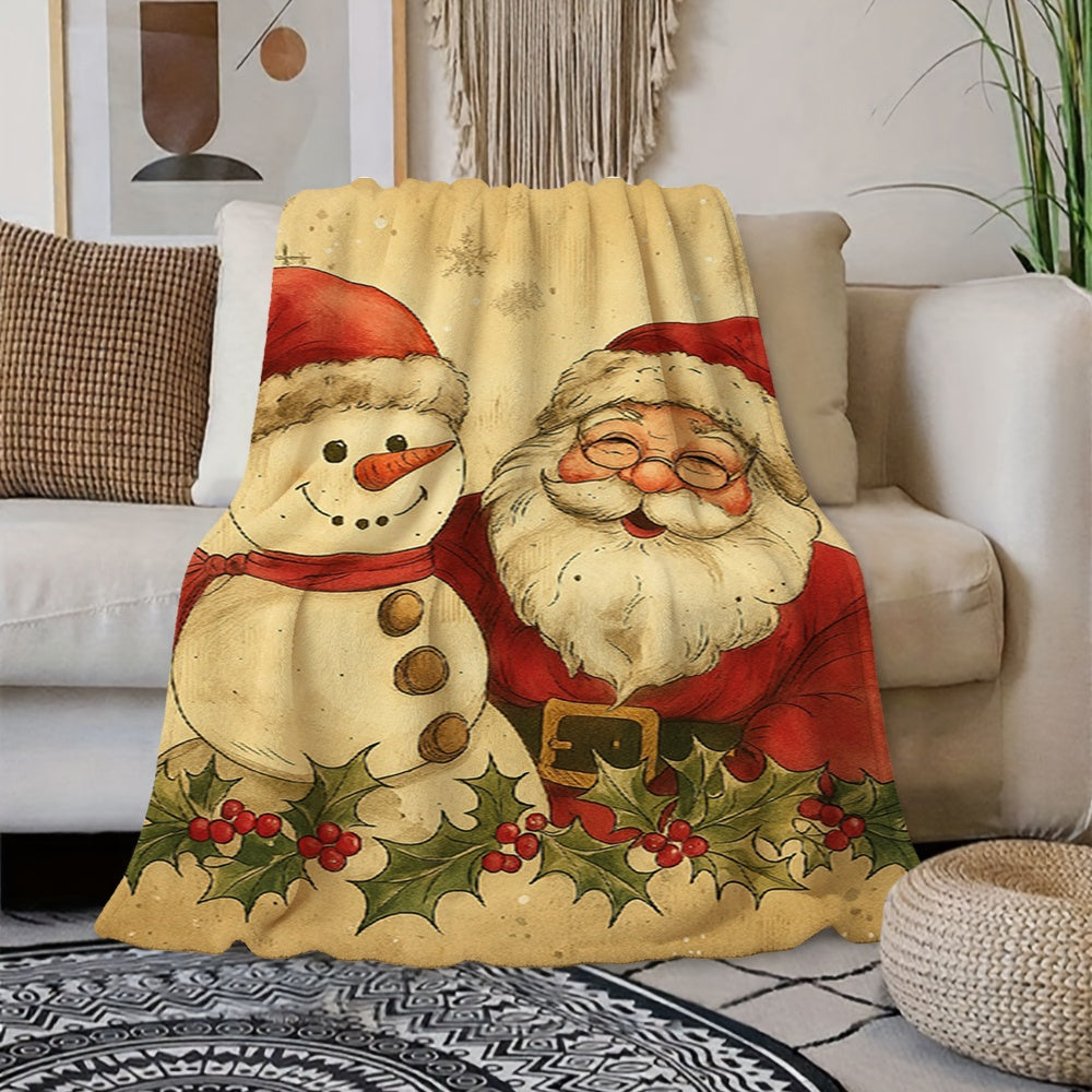 1pc Santa Claus and Snowman Cream Beige Flannel Blanket, Christmas Winter Body Blanket, Soft Plush for All Seasons, Suitable for Weekend Sofa Naps, Living Room Sofa Throw, and Seasonal Home Use