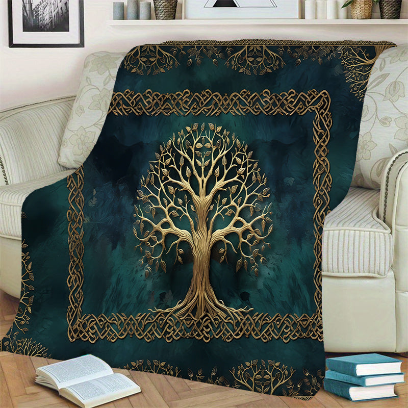 1pc Golden Tree Pattern Blanket, Retro Style Design, Soft Plush Surface, Flannel Material Lightweight And Durable, Multiple Sizes Available, Ideal for Holiday Gatherings, Living Room Leisure, Bedroom Warmth, Study Reading, Seasonal Home Decor