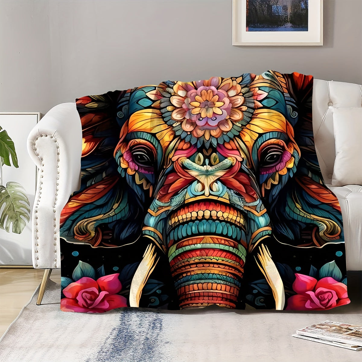1pc 2D Flat Print, Colorful Elephant and Floral Themed Blanket, Soft Flannel Throw—black Base with Golden and Blue Design, Multiple Sizes Available, Suitable for Living Room, Bedroom, Sofa,, and Outdoor Use, 2D Flat