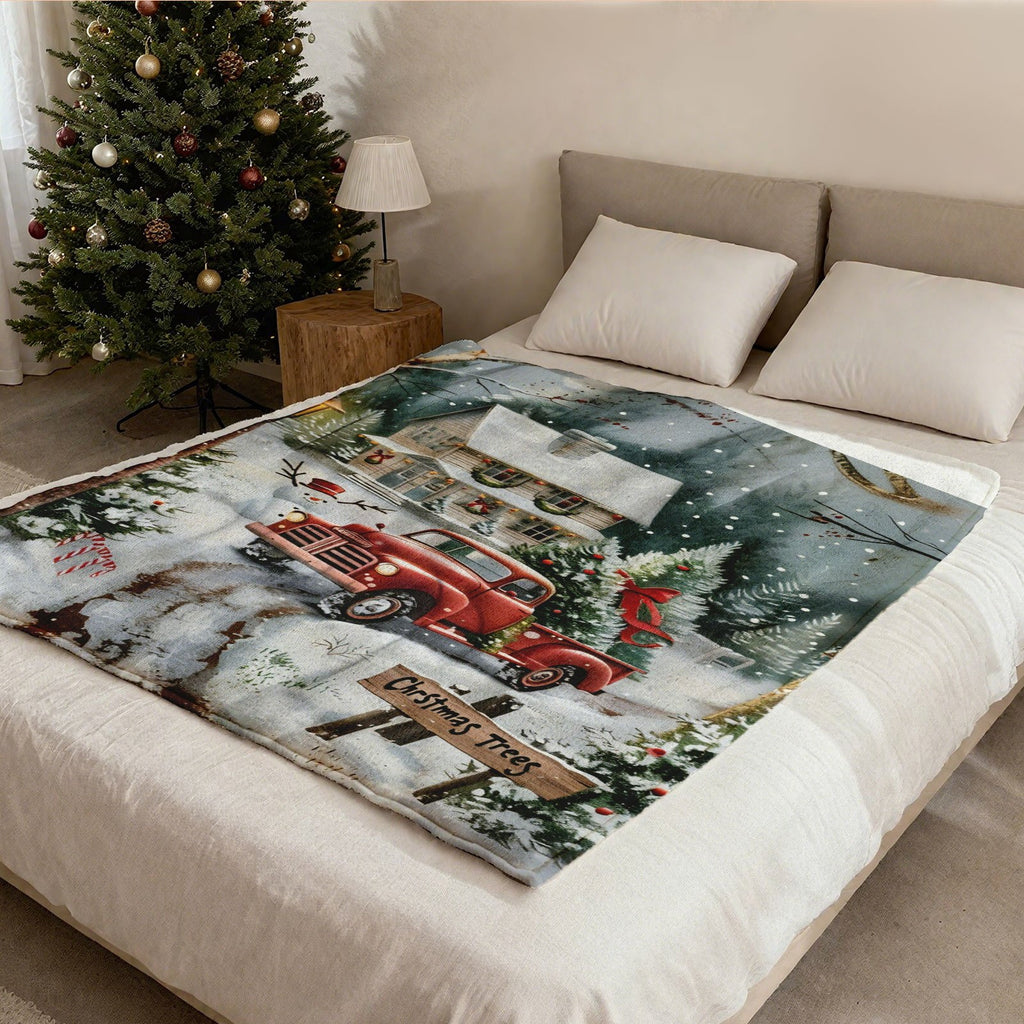 A Red Truck Blanket Featuring a Christmas Tree And Snow, Perfect for a Variety of Colored Sofas, Or Sofas. This All-Season Home Decoration, with Its Fun Animal Design And Other Features, Is Perfect for Enhancing Your Living Space