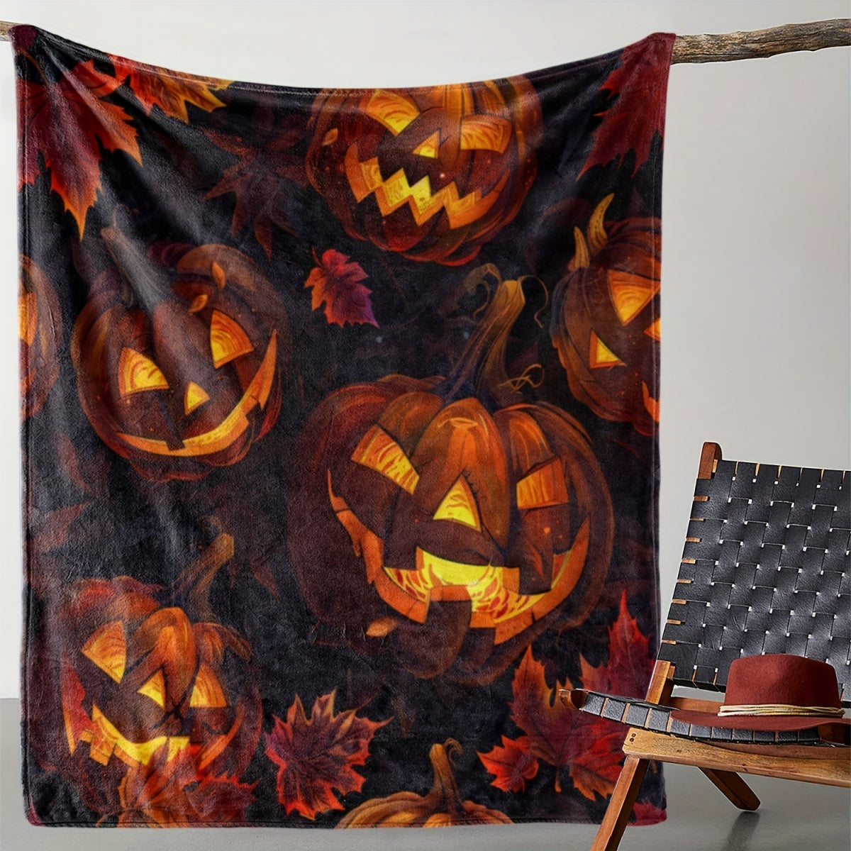 1pc 2D Flat Print Halloween Pumpkin and Maple Leaf Blanket, Soft Flannel Throw, Deep Orange, Black, and Red Design, All-season Warm Cover Blanket, Multiple Sizes Available, Suitable for Living Room Sofas, Bedroom, Reading Nooks