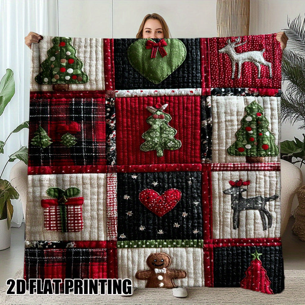 Christmas Holiday-themed Flannel Blanket with Red, Green, and White Color-blocked Spliced Design, Soft, Comfortable, and Warm. Features 2D Flat-printing Technology and a Durable Plush Surface. A Versatile All-season Bed Throw and Warm Lap Blanket