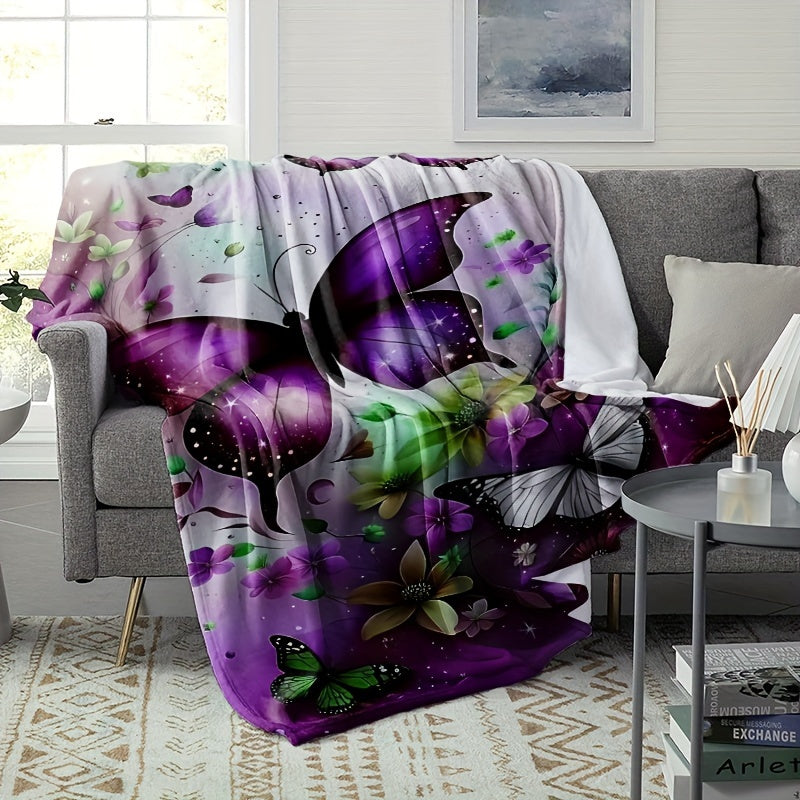 1pc 2D Flat Printing Purple Butterfly Floral Blanket, Soft Fleece Blanket - Dreamy Starry Design, Multi-Size Available, Suitable for Living Room, Bedroom, Sofa, And Casual Reading